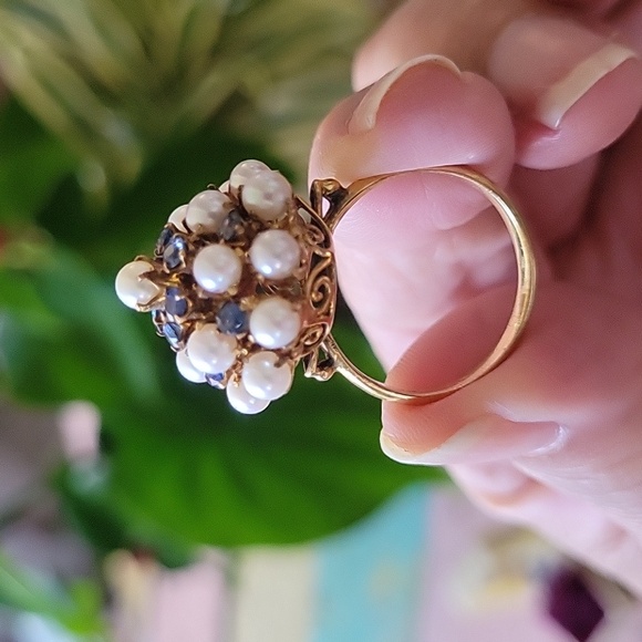 Sapphire with Pearl Princess Harem 14k Gold Ring - Picture 3 of 8